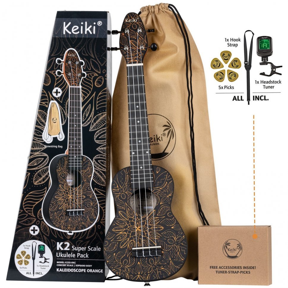 Укулеле Ortega Keiki Pack K2SS-OKC Sopano, Super Scale, Orange kaleido