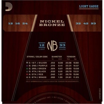 Струни до акустичної гітари D&#039;Addario NB1253 Nickel Bronze Light 12-53 - Фото №17040